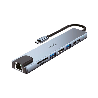 Docking Station XUE® 8-1 Tipo-C 3.1 Gen1 a USB2.0 (480Mbps)*1 + USB3.0 (5Gpbs)*1 + HDMI 4K@30Hz + USB-C + PD 100W + SD/TF + RJ45 100Mbps color Gris