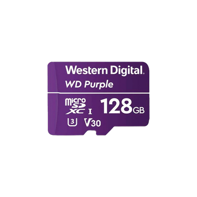 Memoria micro SD 128GB C10 U1 V10 R-W 100/60 Mbps WD Purple QD101  WDD128G1P0C para cámaras IP y video vigilancia