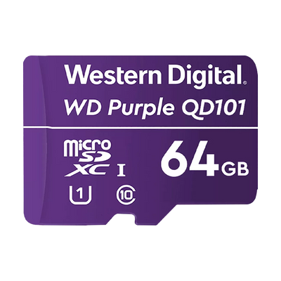 Memoria micro SD 64GB C10 U1 V10 R-W 100/60 Mbps WD Purple QD101 SURVIELLANCE WDD064G1P0C/64GB para cámaras IP y video vigilancia