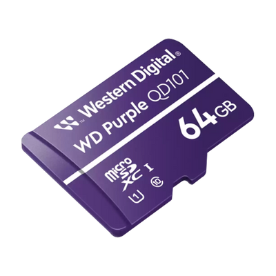 Memoria micro SD 64GB C10 U1 V10 R-W 100/60 Mbps WD Purple QD101 SURVIELLANCE WDD064G1P0C/64GB para cámaras IP y video vigilancia