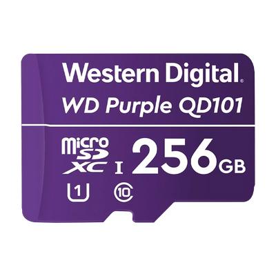 Memoria micro SD 256GB C10 U1 V10 R-W 100/60 Mbps WD Purple QD101 SURVIELLANCE WDD256G1P0C/256GB para cámaras IP y video vigilancia
